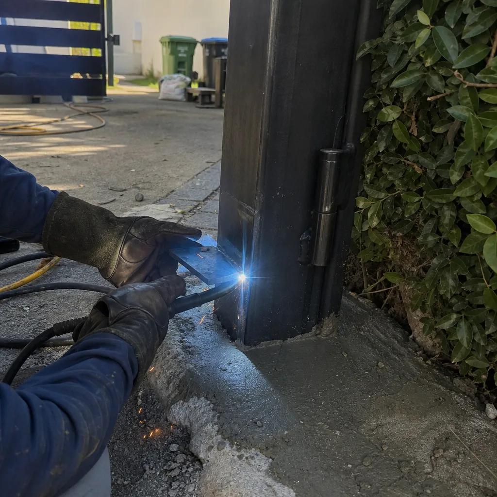 Welder repairing a metal gate post using professional welding equipment