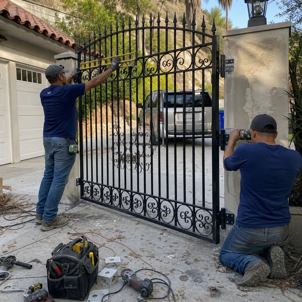 Two technicians installing a black wrought iron residential driveway gate
