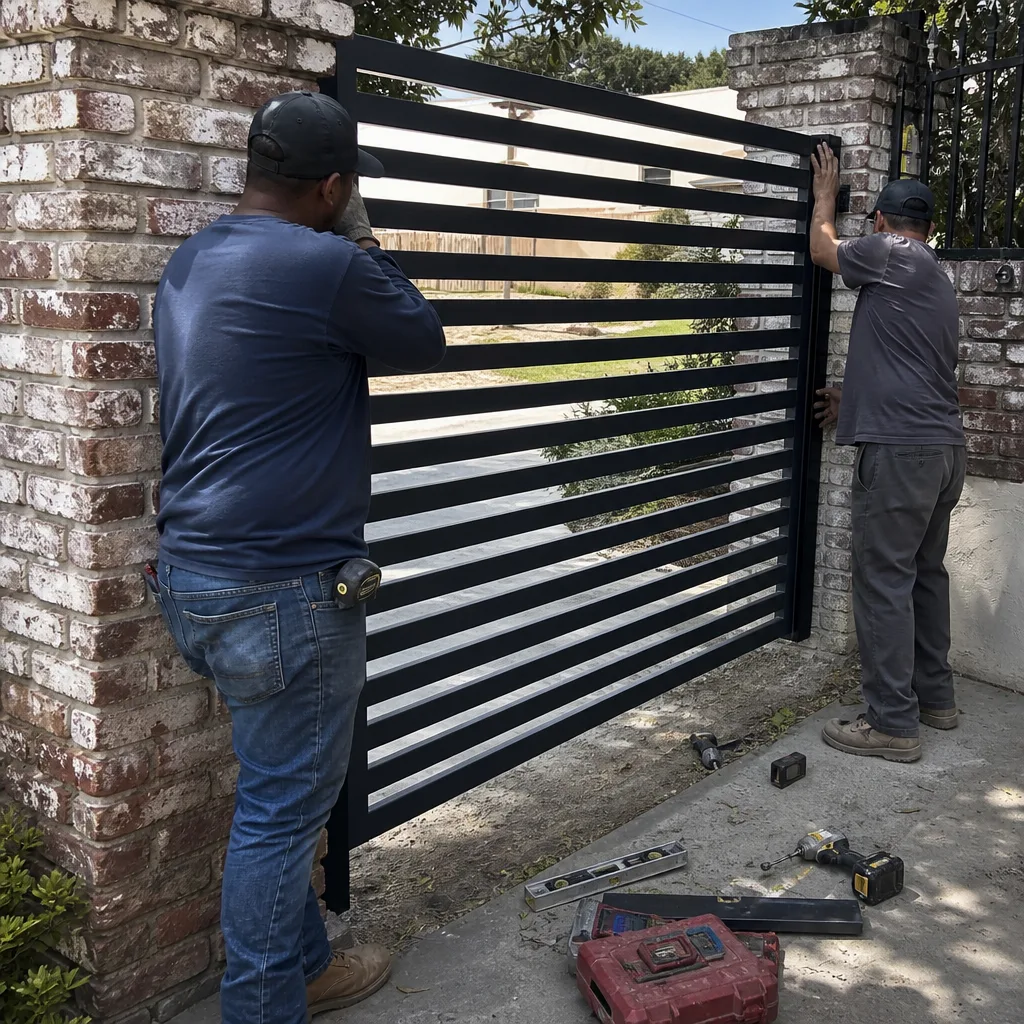 Two professionals performing professional metal gate installation services