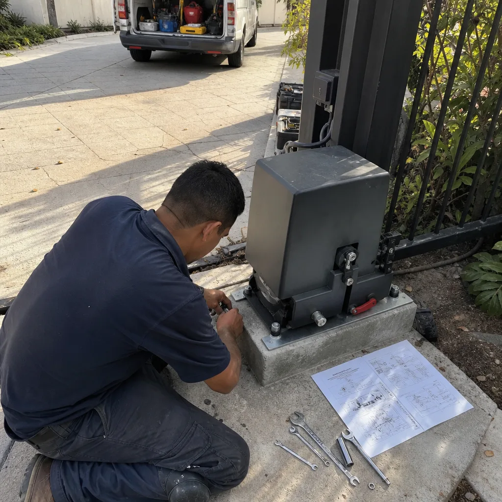 Technician repairing an automatic gate motor and sliding gate operator