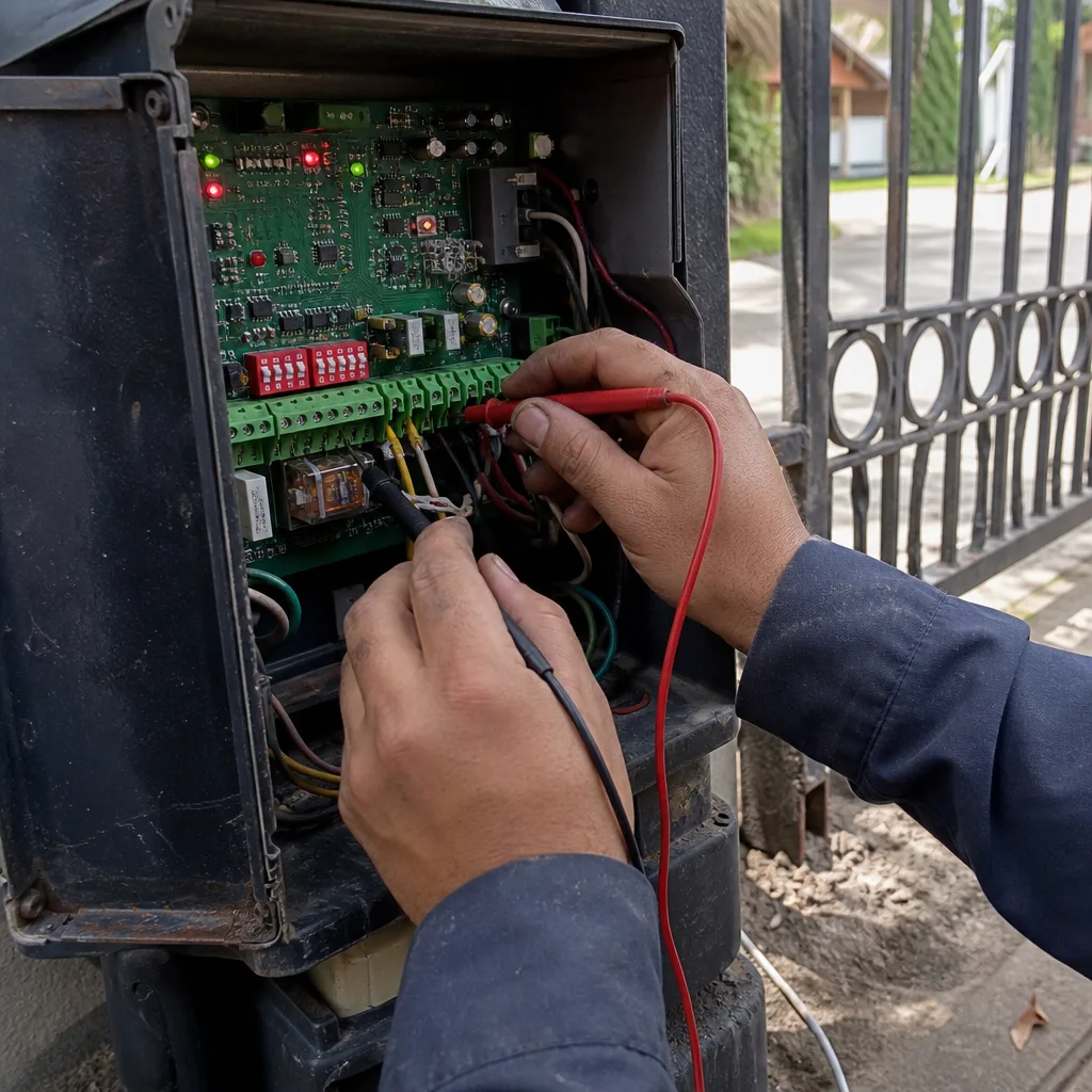 Technician repairing an automatic gate motor circuit board using a multimeter