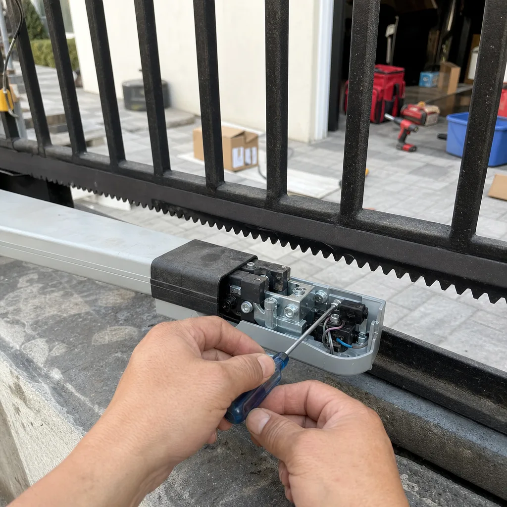Technician performing professional maintenance on an automatic gate motor and opener