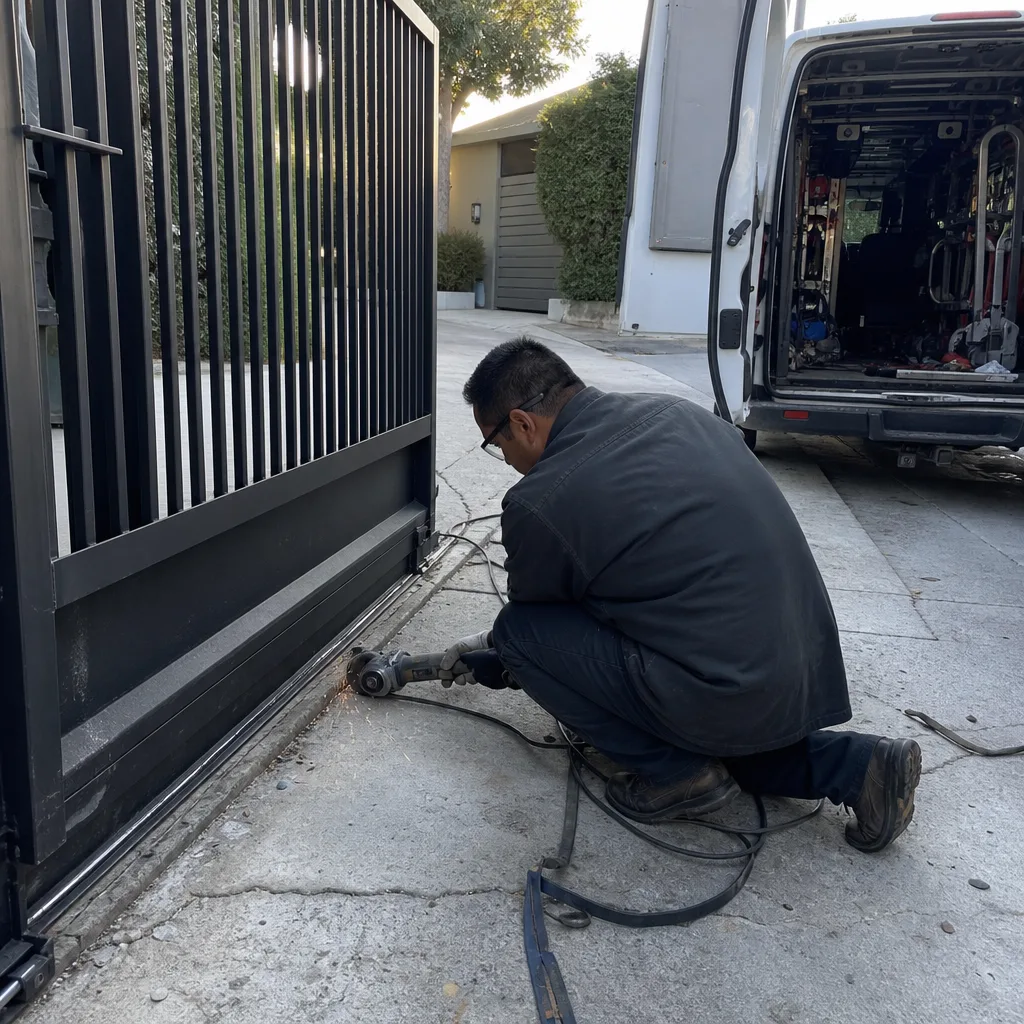 Technician using a power grinder to repair a metal driveway gate.