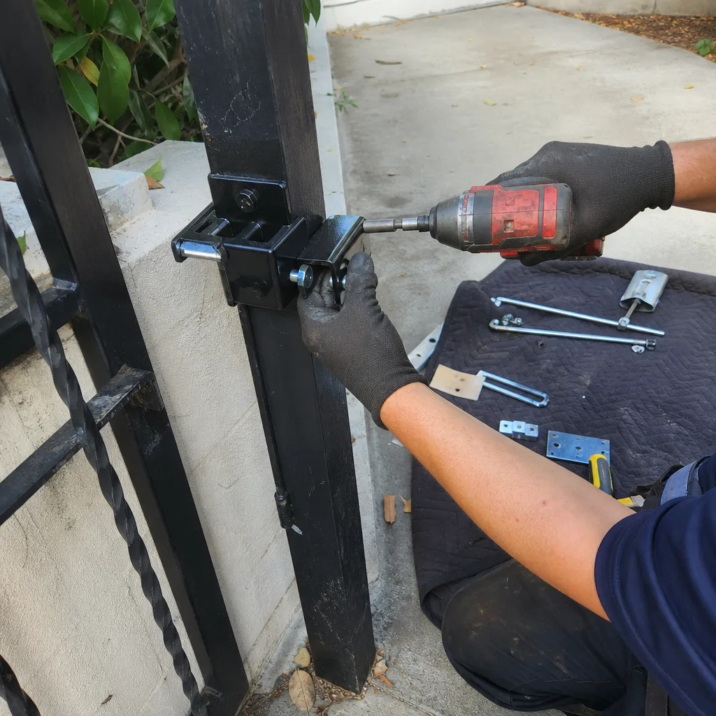 Technician using power drill to repair a black metal security gate