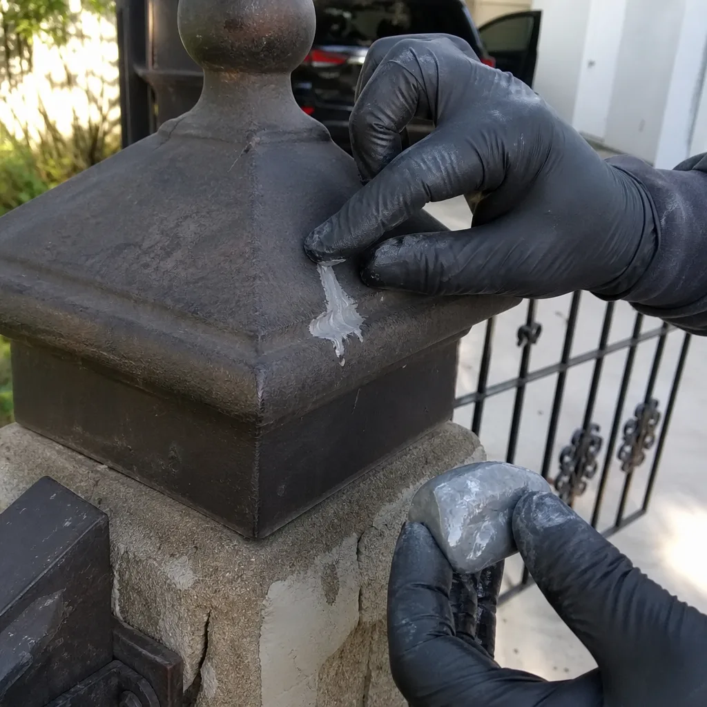 Professional applying epoxy putty to repair a decorative metal gate post